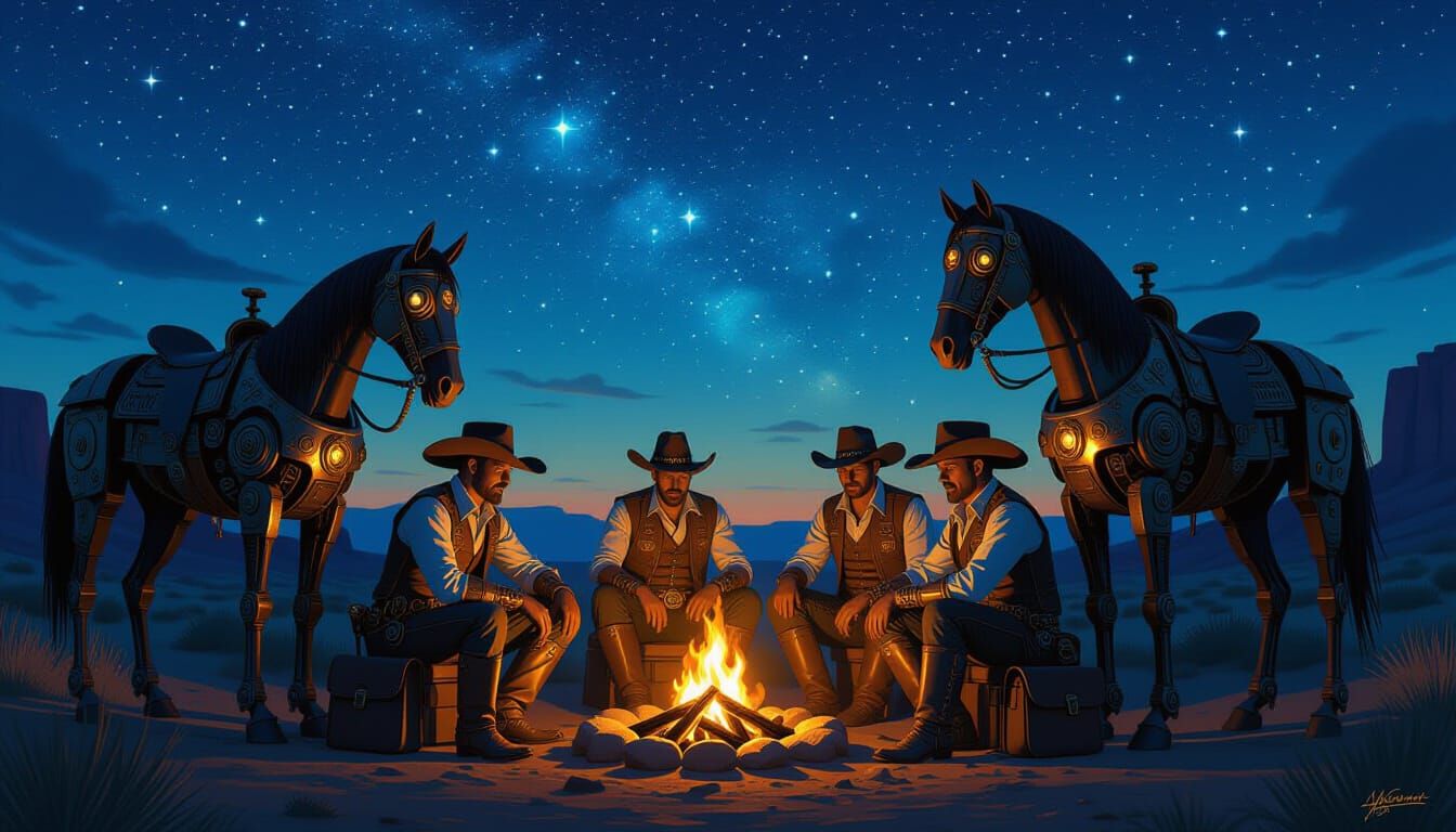 Steampunk Cowboys Gather Around Campfire Under Whimsical Sky