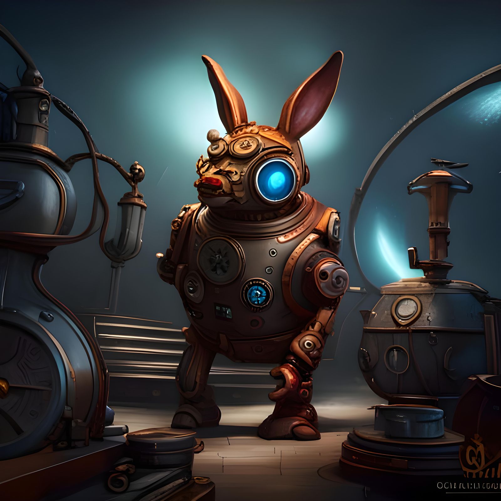 Steampunk Robot Rabbit with Glowing Red Eye