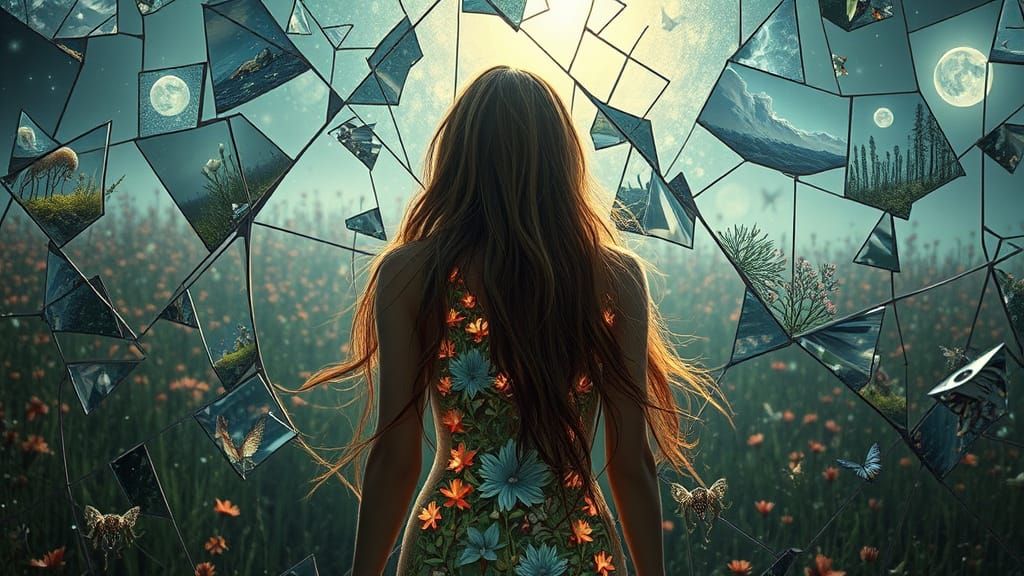Dreamlike Woman in Shattered Mirror Field, Bio-Art Collage