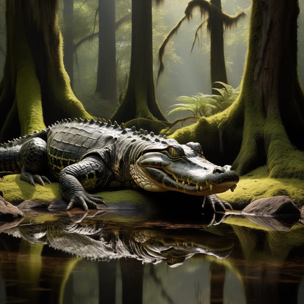 Mossy Green Alligator in a Cypress Swamp
