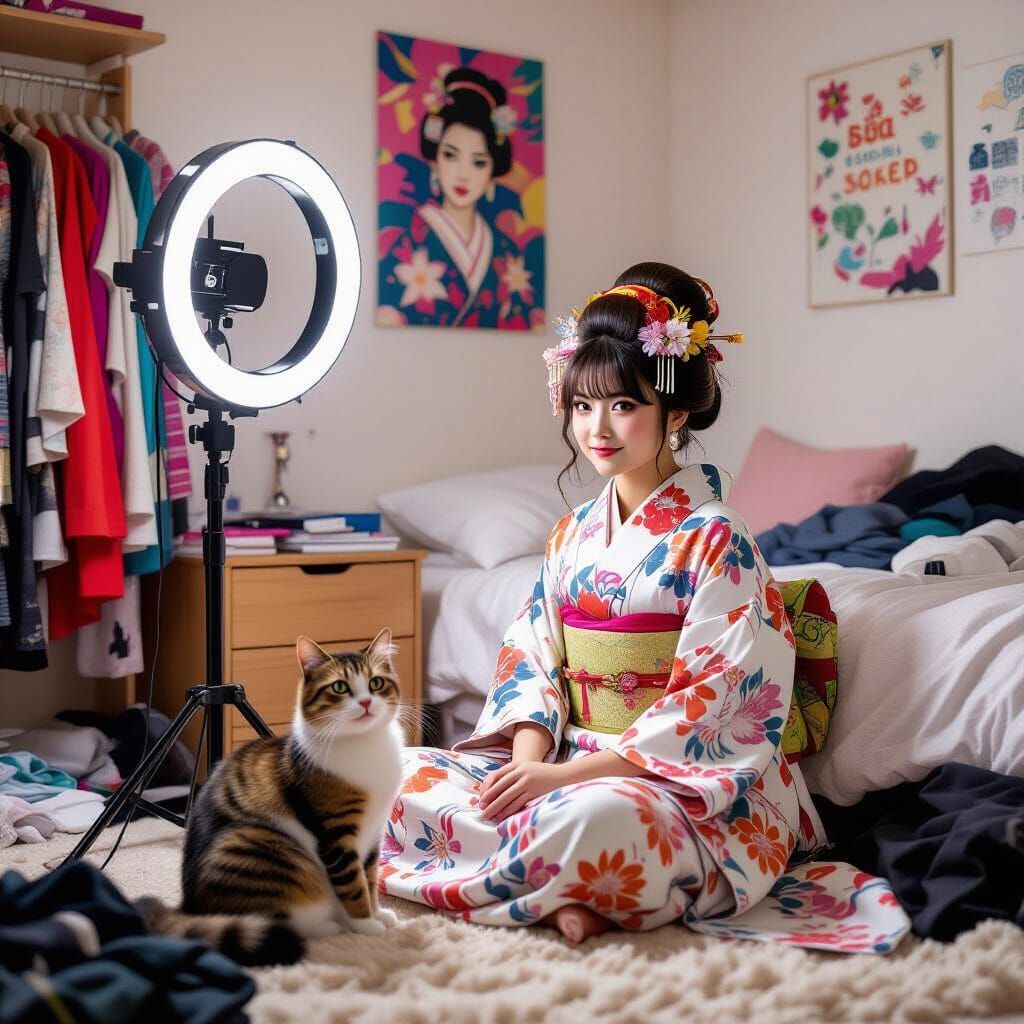 Gen Z Cat in Bedroom with Folk Art Style