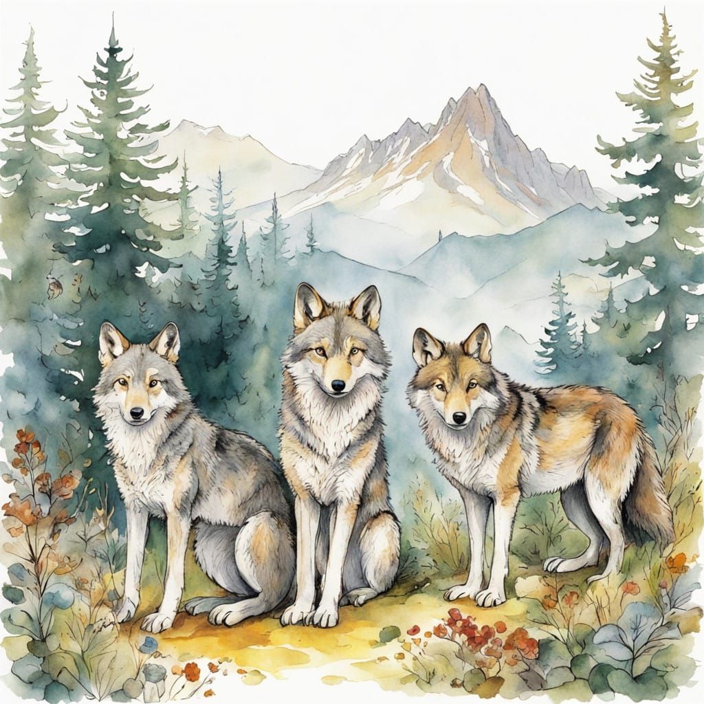 Wolf Family in Misty Forest Landscape