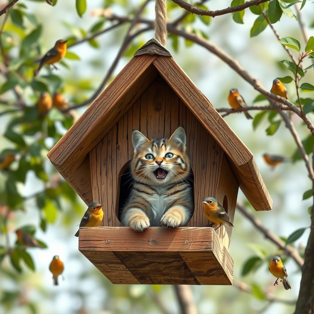 Country Birdhouse Scene with Cat and Birds