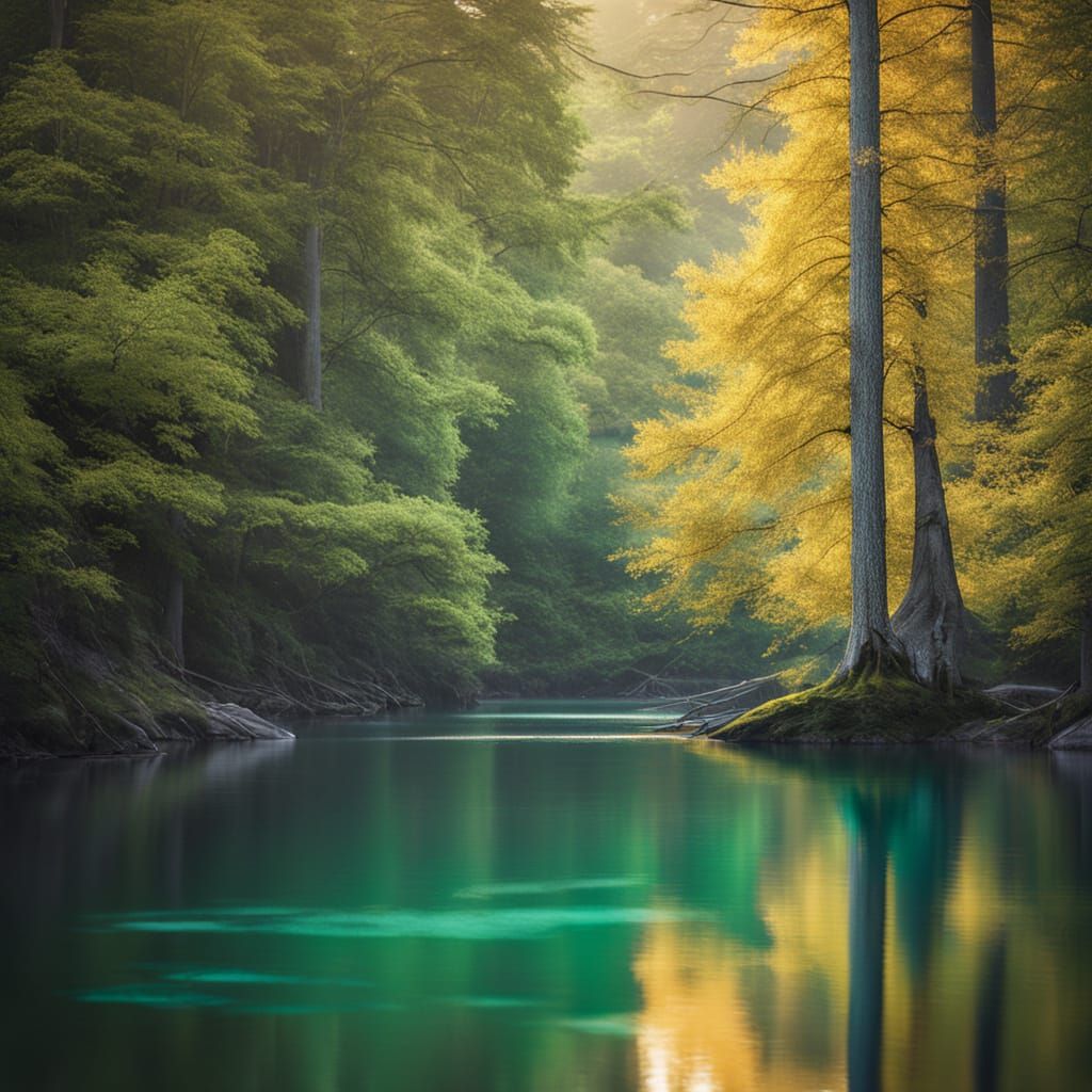 Serene Azure Lake Amidst Dense Forest at Golden Hour
