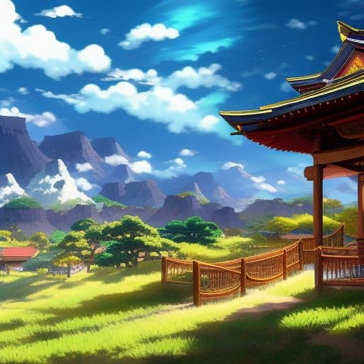 Samurai in Anime Village with Mountain View