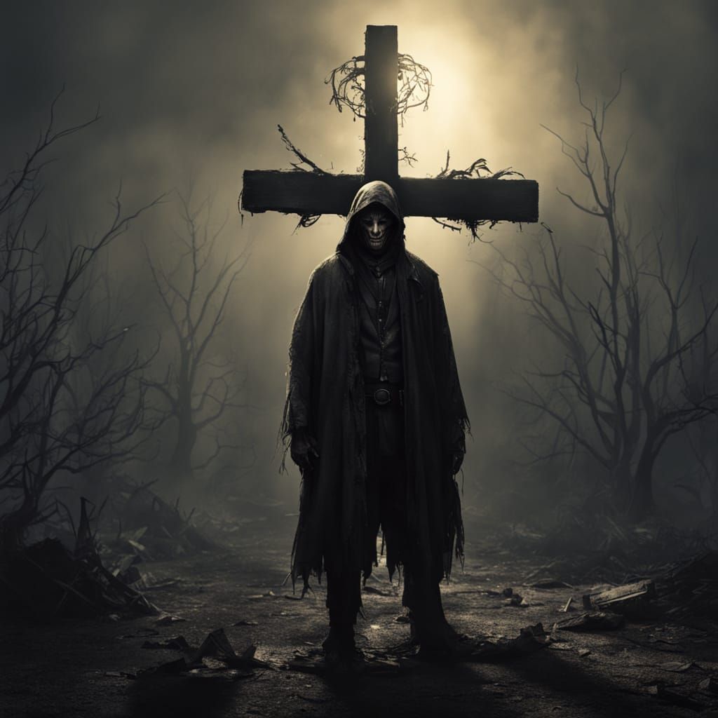 Eerie Dark Fantasy Crucifixion in Golden Light