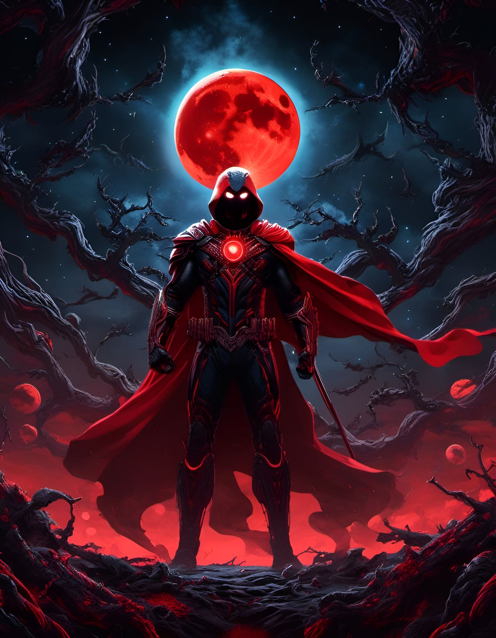 Dark Horror Superhero Under Red Moon