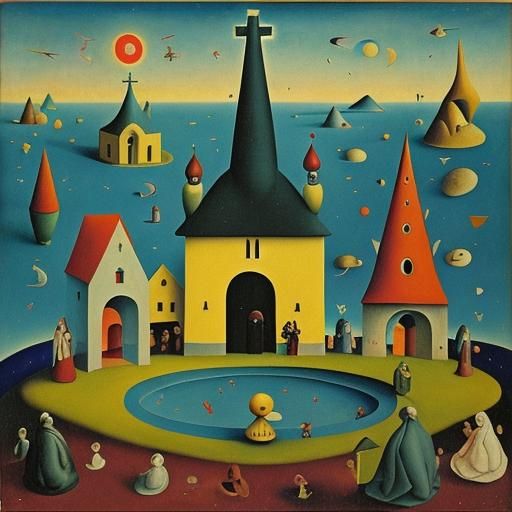 Surrealist Monks Singing in Church, Oil on Canvas
