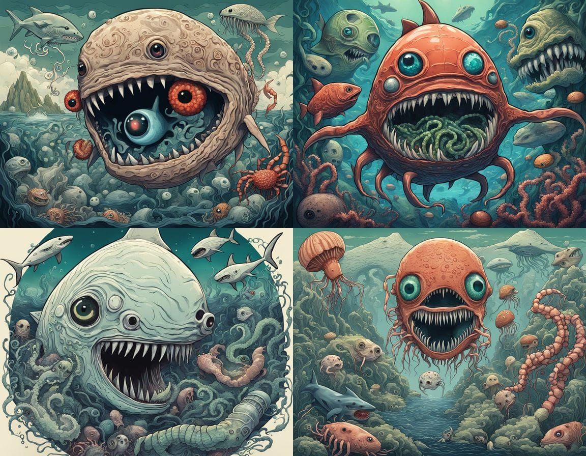 Grotesque Undersea Creatures in a Hand-Carved Cyberpunk Styl...