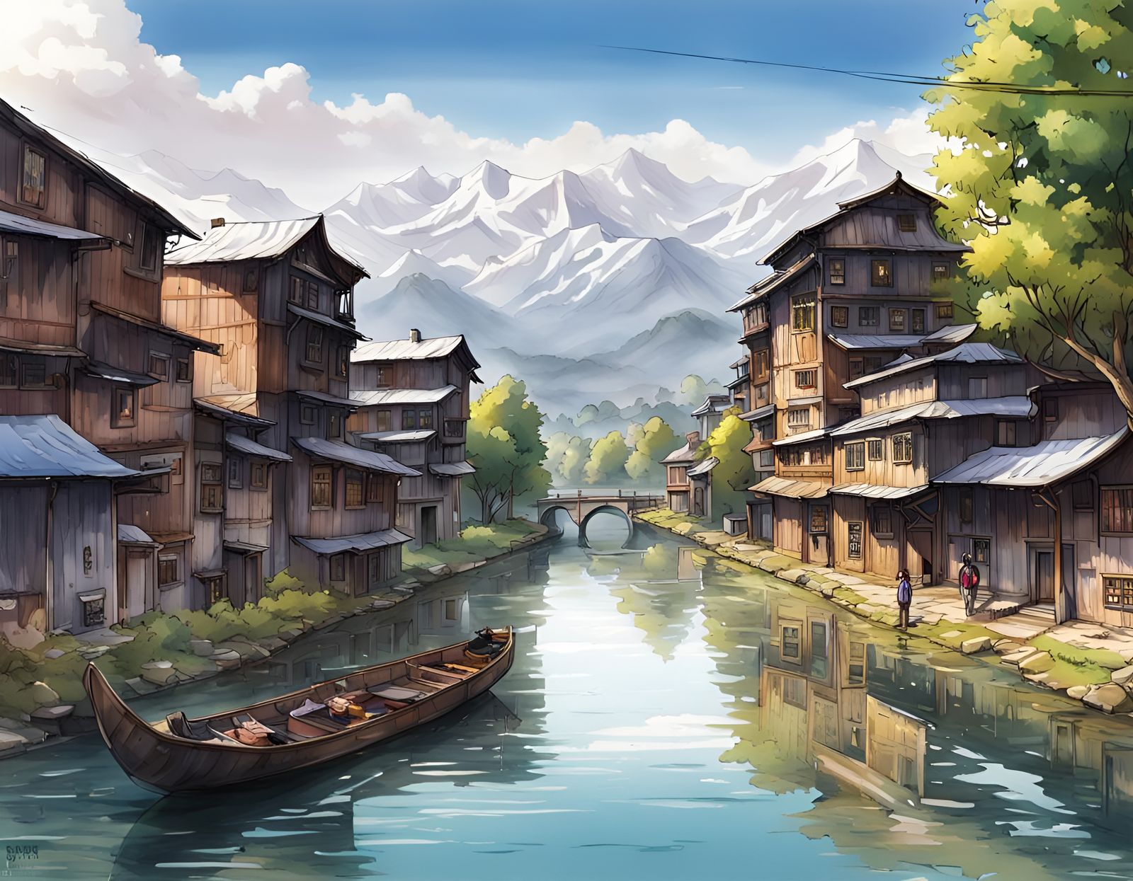 Scenic Srinagar Kashmir Landscape in Anime Style