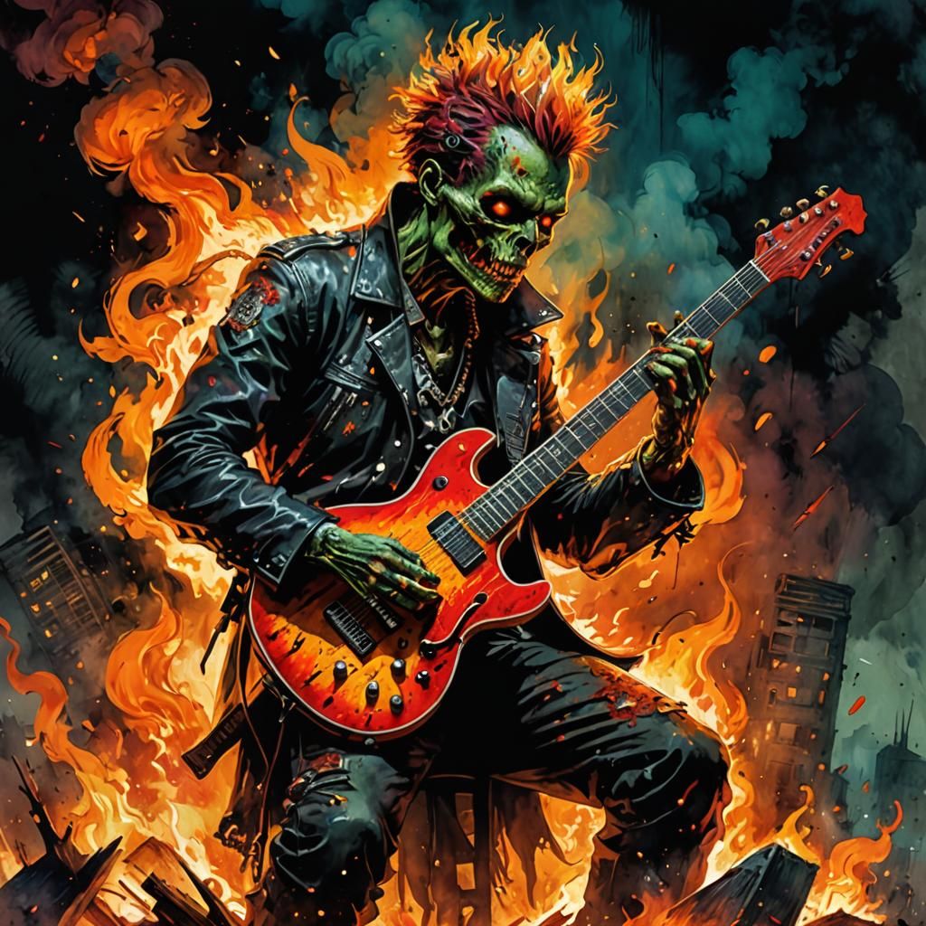 Fiery Punk Rock Zombie Guitarist in Splash Art