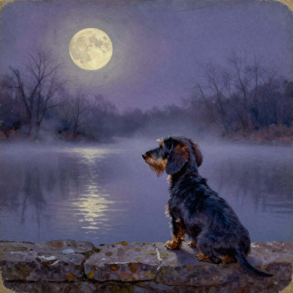 Wire-Haired Dachshund Gazes Over Moonlit Lake