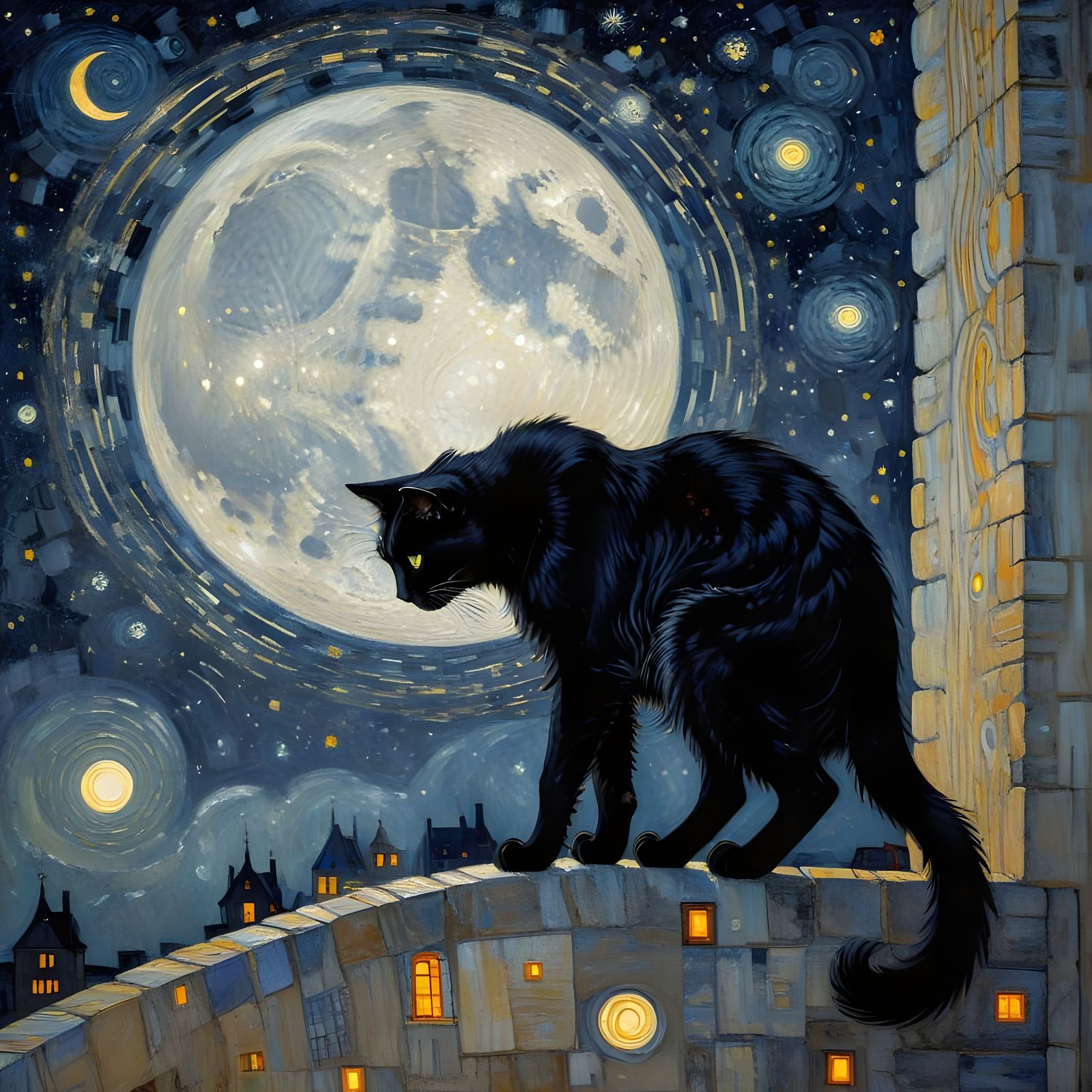 Black Cat in Moonlight: Art Nouveau Painting