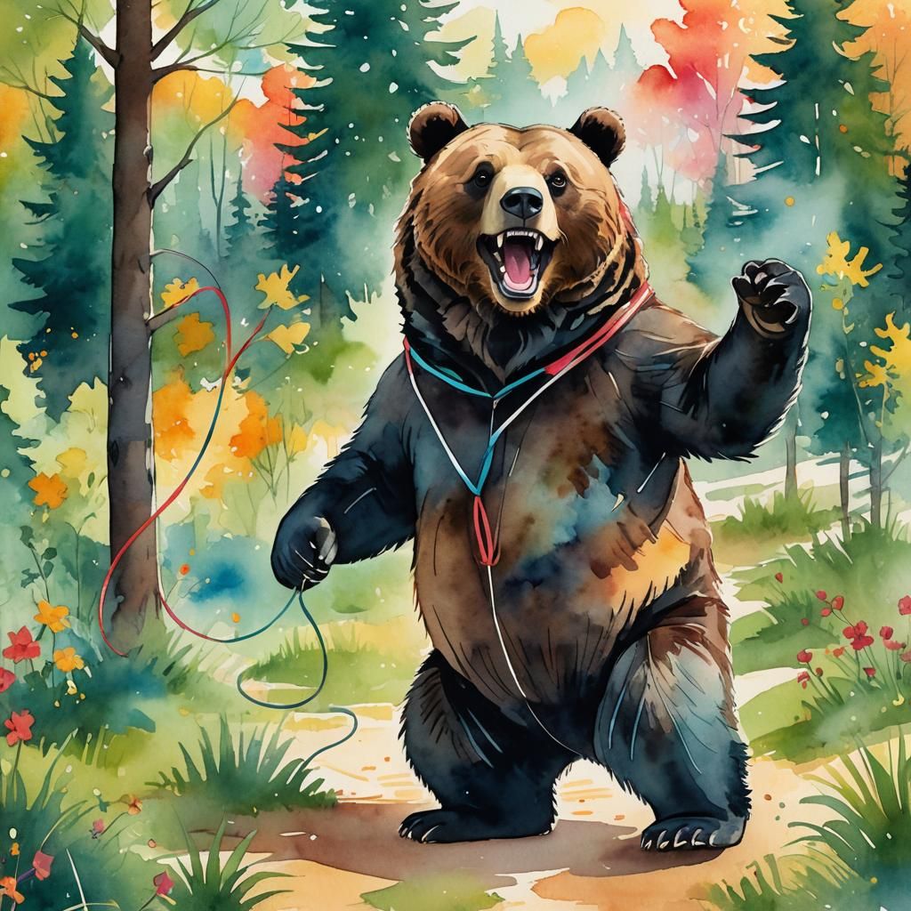 Joyful Black Bear Skipping in Watercolor Style