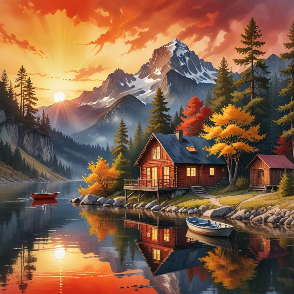 Hyperrealistic Watercolor Painting of Secluded Cabin by Wate...