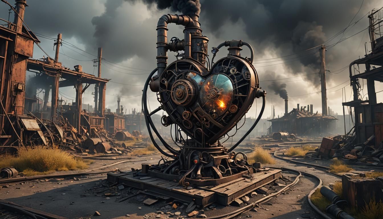 Steampunk Heart Sculpture Emitting Black Smoke