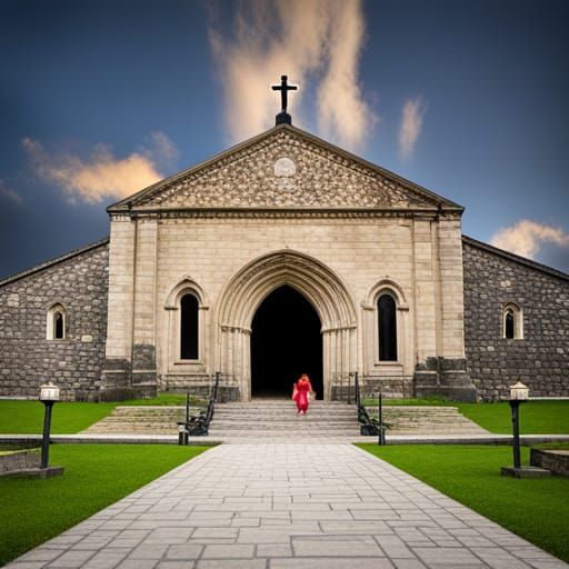 Elegant Stone Church Entrance in Scenic Landscape