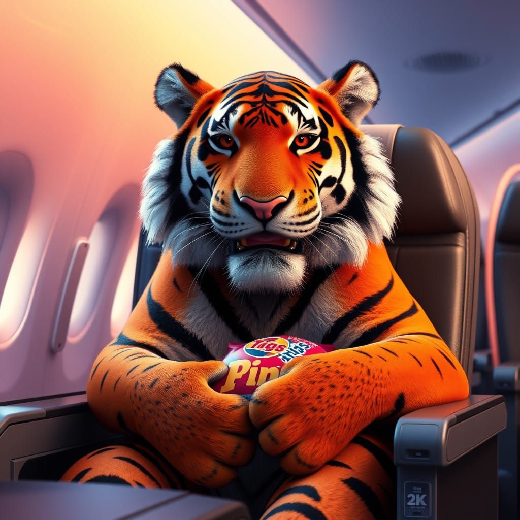 Luxurious Tiger in Modern Airplane, Munching on Crisps, in 3...