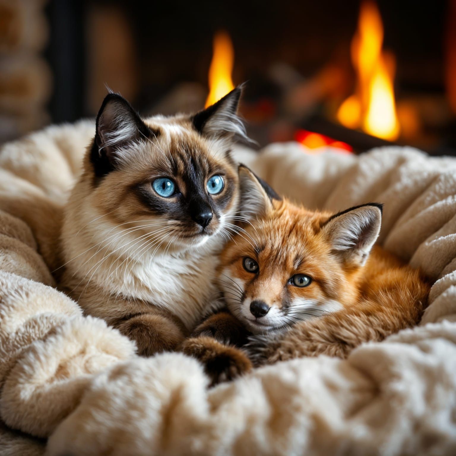 Dreamy Fox and Siamese Cat in Cozy Lounge