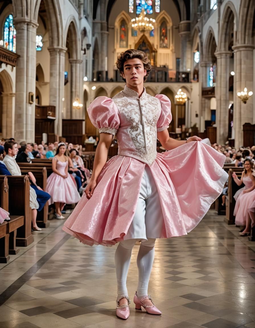 Boy in Quinceanera Dress in Church: Sharp Focus Photo