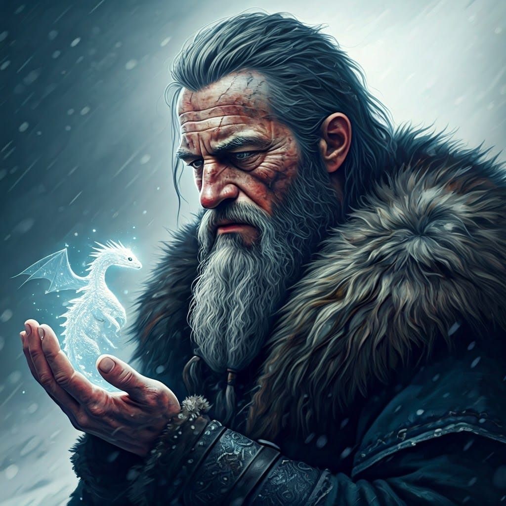 Viking Warrior and Dragon in Snowy Landscape