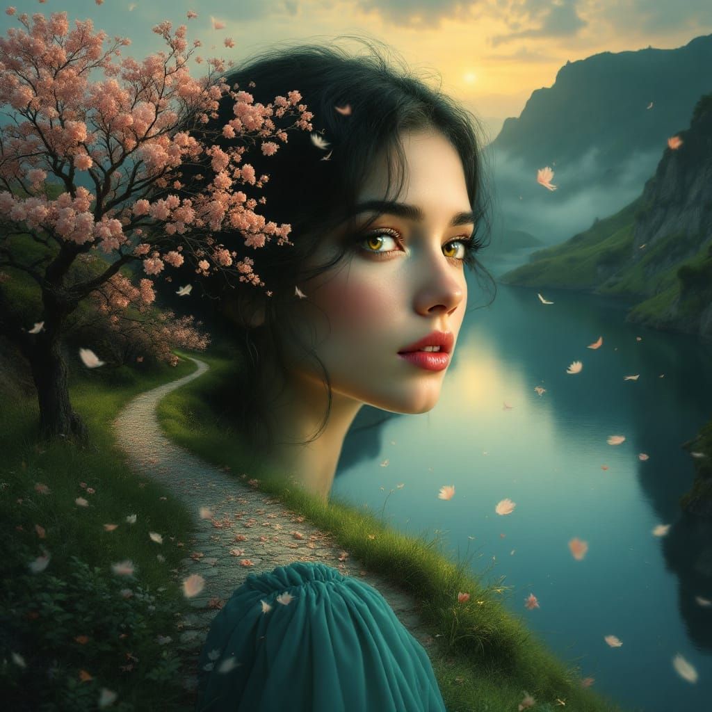 Woman's Face Merges With Dreamlike Landscape
