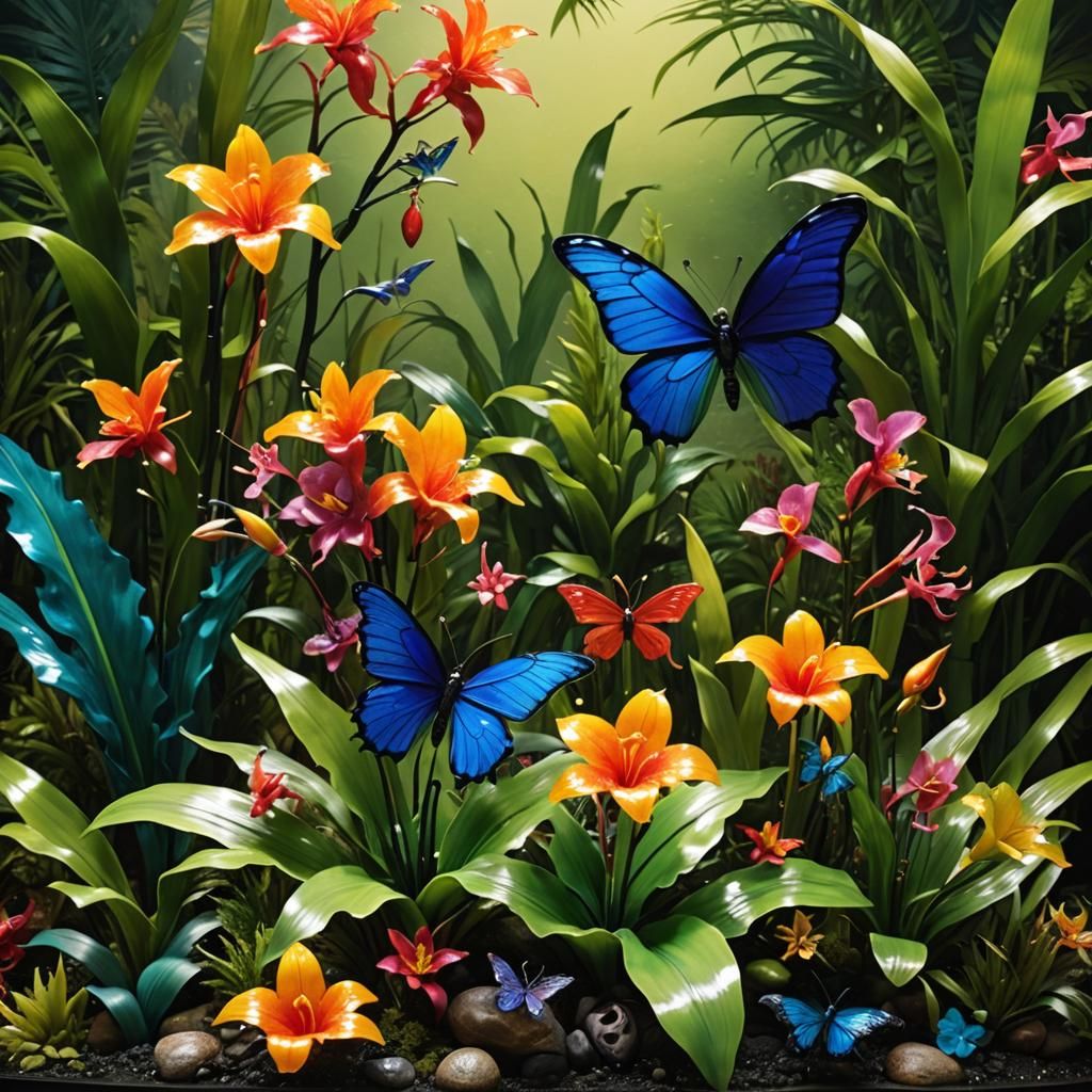 Tropical Garden Glass Diorama in Chihuly Style