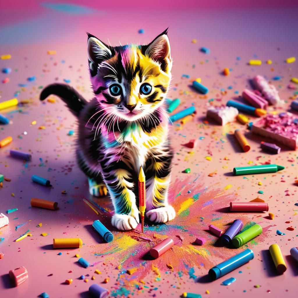 Kitten Plays with Crayons in Candy Art Style
