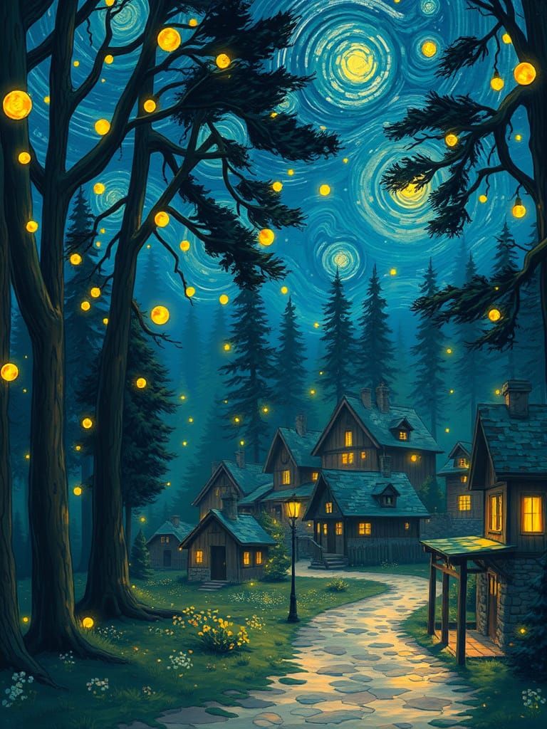 Whimsical Village Amidst Enchanted Forest