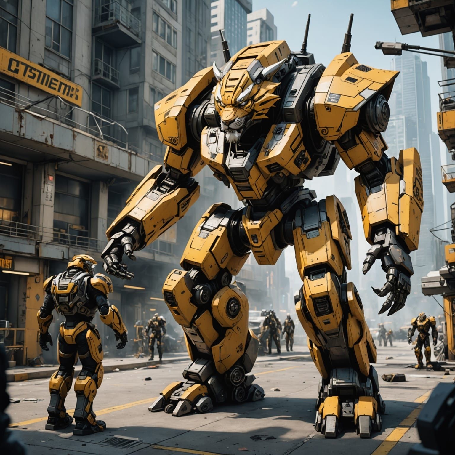 Mechanical Sabretooth Tiger in Cyberpunk Cityscape