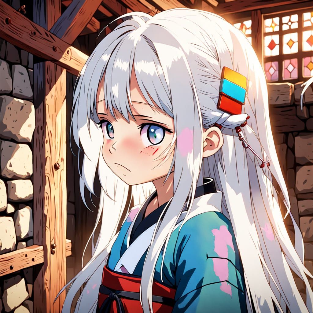 Anime Child Girl with Sad Eyes and Band-Aid