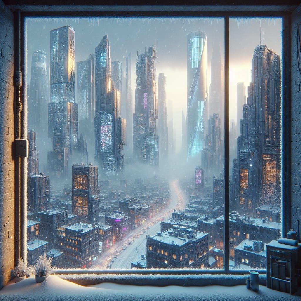 Cyberpunk Cityscape in Winter Snowfall