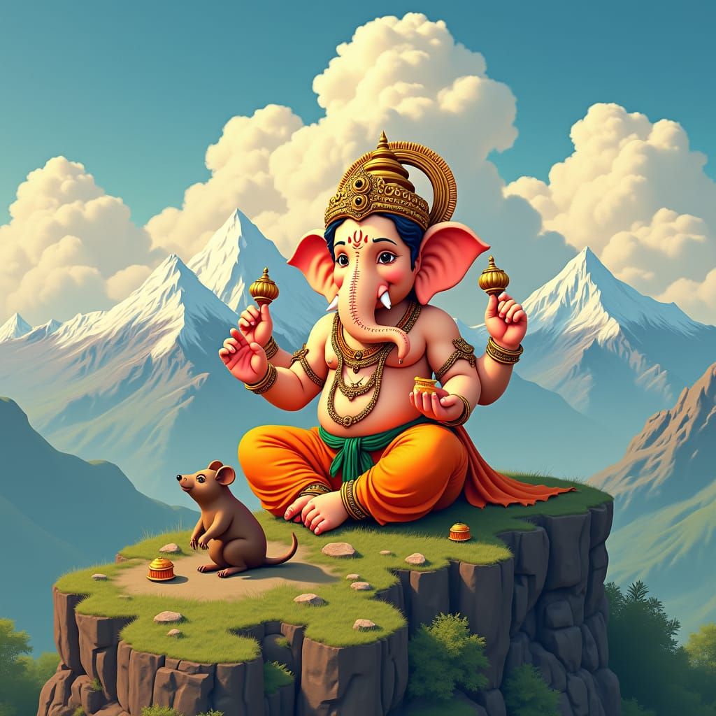 Adorable Ganesha on Mount Kailasha in Traditional Indian Sty...