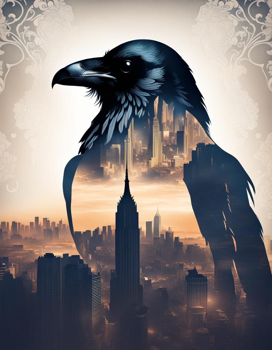 Raven Silhouette with Cityscape Double Exposure
