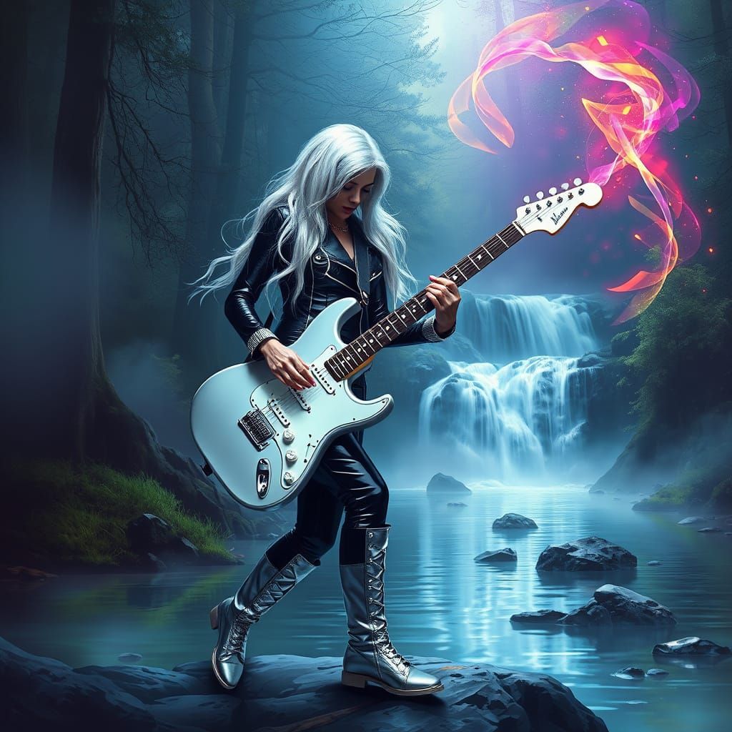 Cyberpunk Guitarist in Foggy Forest with Waterfall