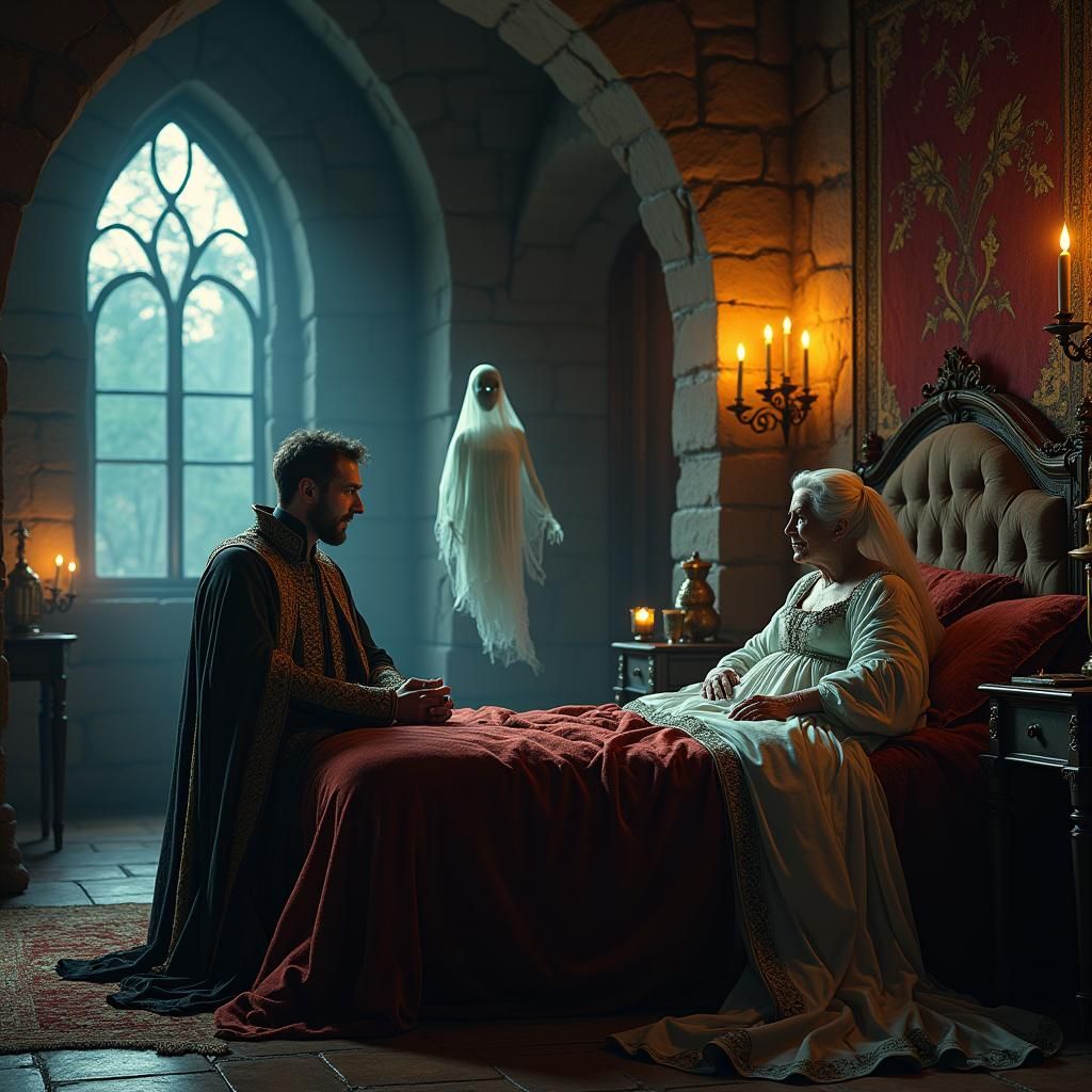 Ghostly Watcher in Moonlit Castle Bedroom