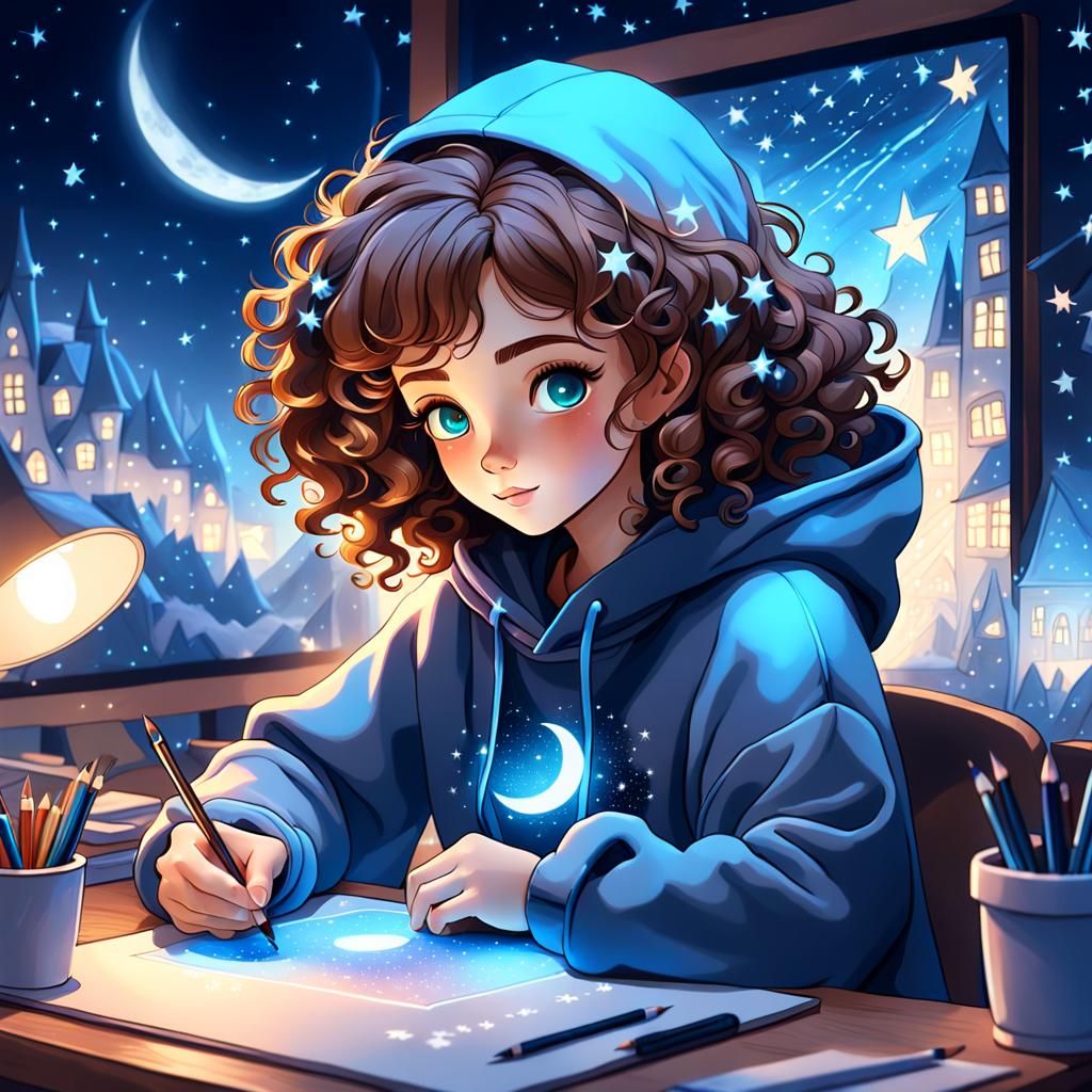 Girl Drawing in Cozy Fantasy Art Scene