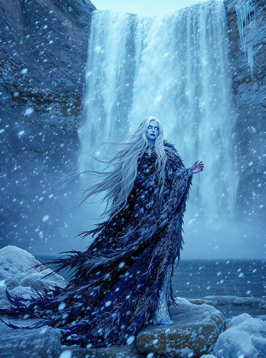 Regal Ice Sorceress in a Frozen Landscape