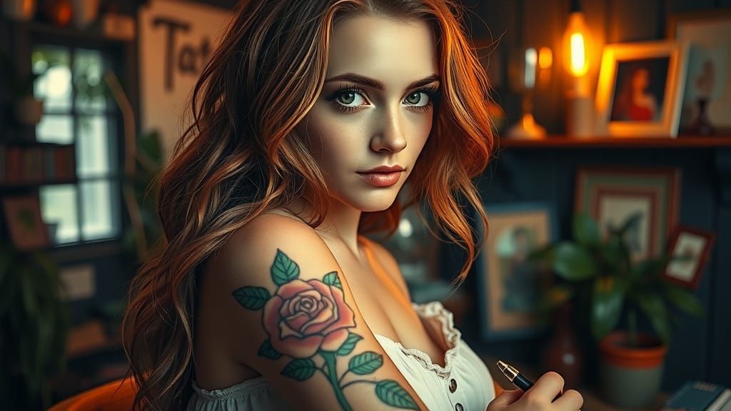 Female Tattoo Artist in Bohemian Studio, Polychromatic Hues