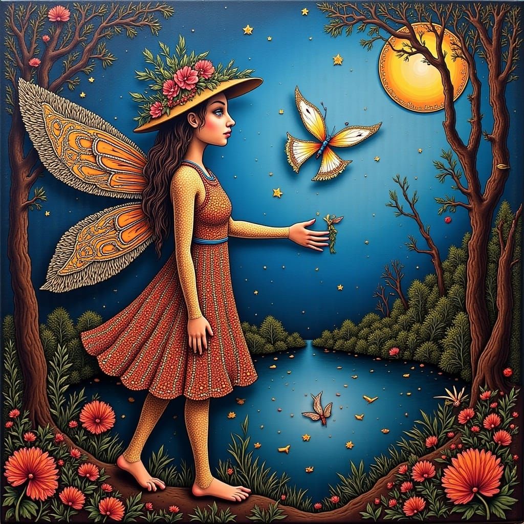 Moonlit Angel Fairy Charcoal Drawing with Zentangle Elements