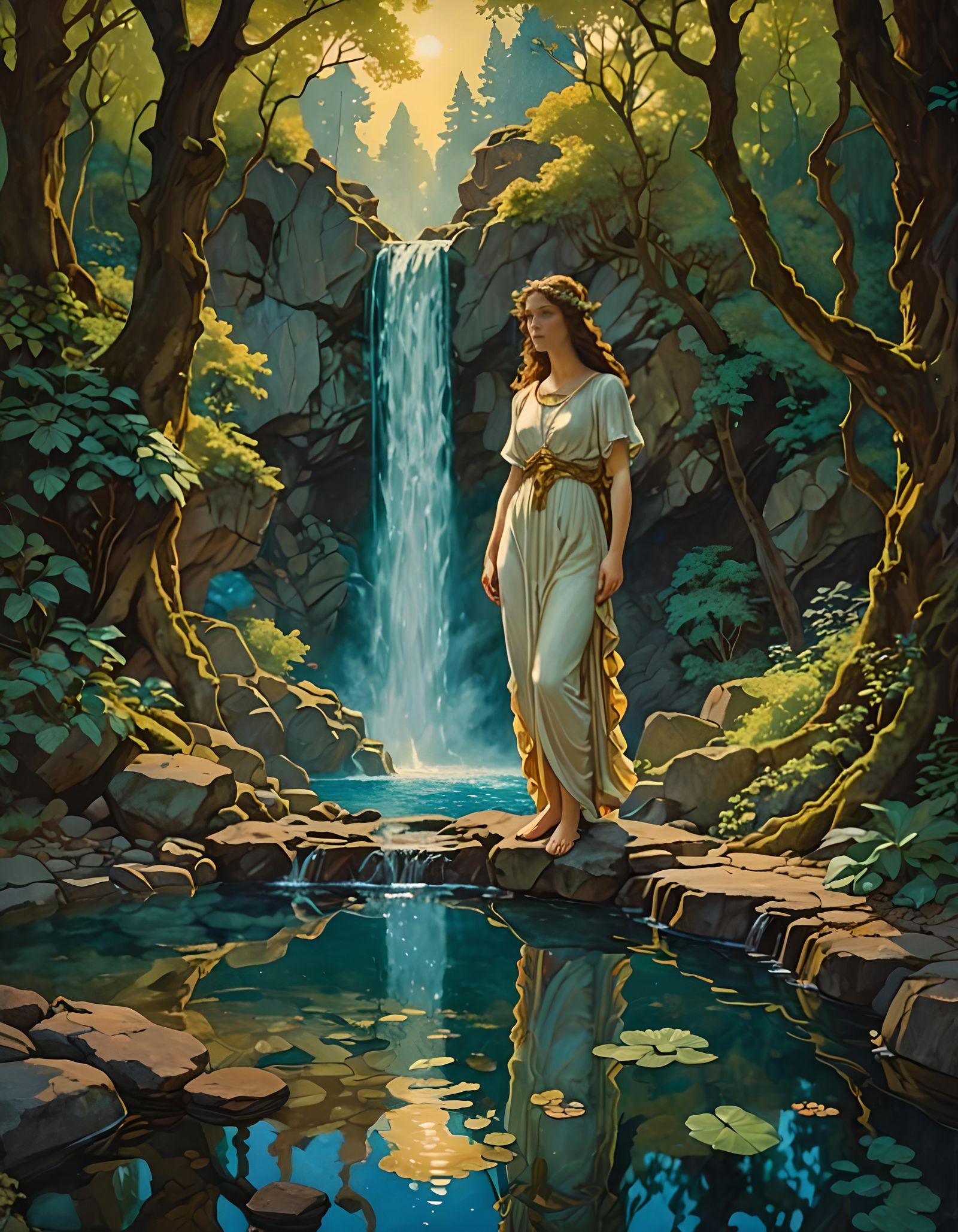 Goddess emerging from magical pool before waterfall in encha...