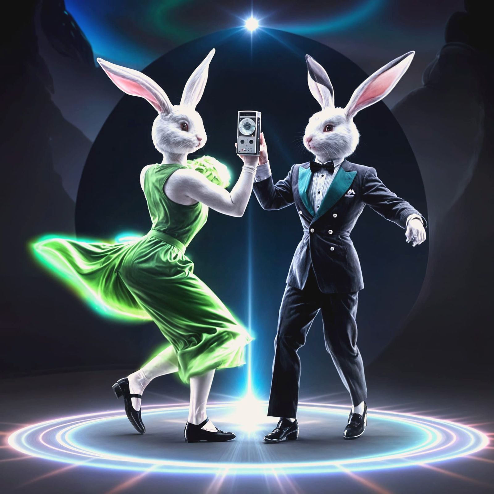 Hyperrealist Bunnies Dancing Under Aurora Sky