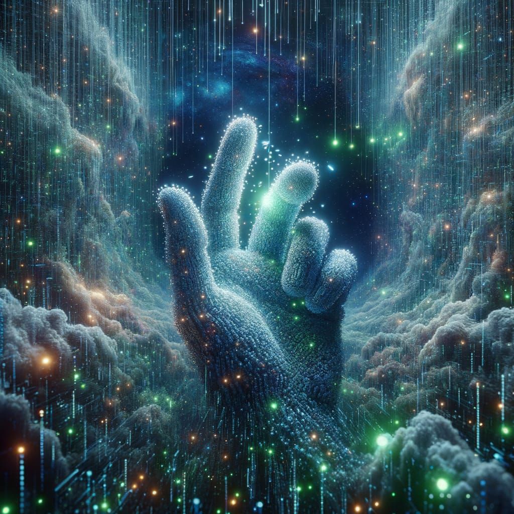 Cyber Celestial Fusion: Glowing Binary Hand in Cosmic Digita...