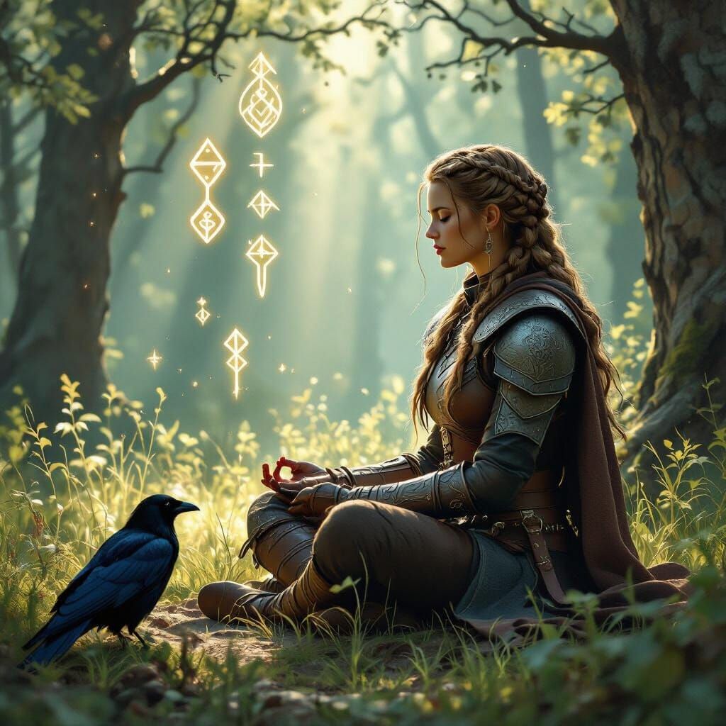Shieldmaiden Meditating in Nordic Forest, Realistic Fantasy ...