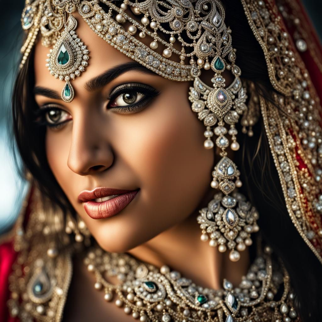 Beautiful Indian princess dazzling with sparkling jewelry bl...