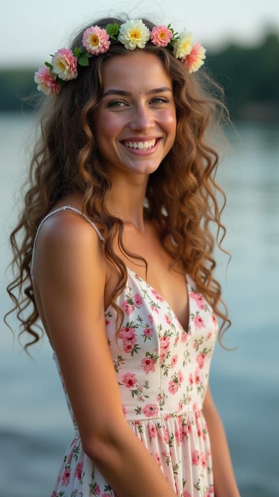 Smiling Woman with Floral Hair by River