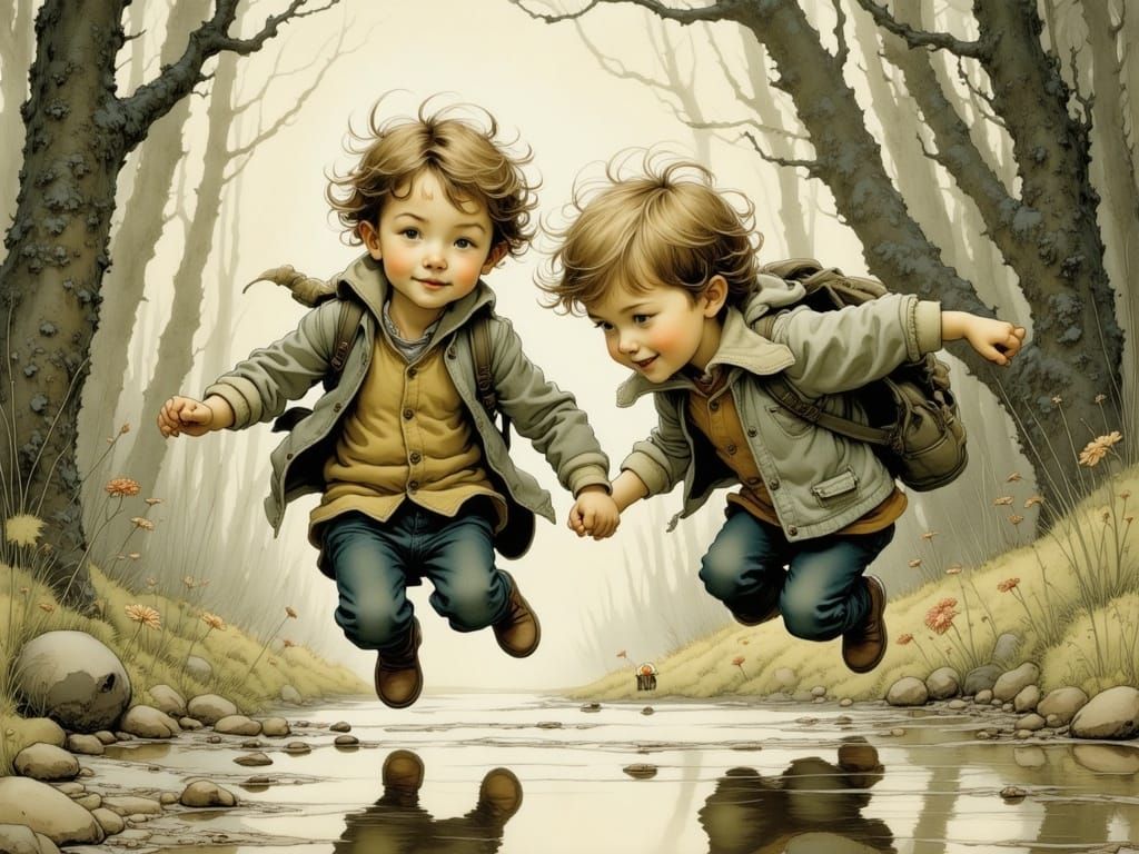 Whimsical Children Play in Evening Puddles, Meticulous Water...