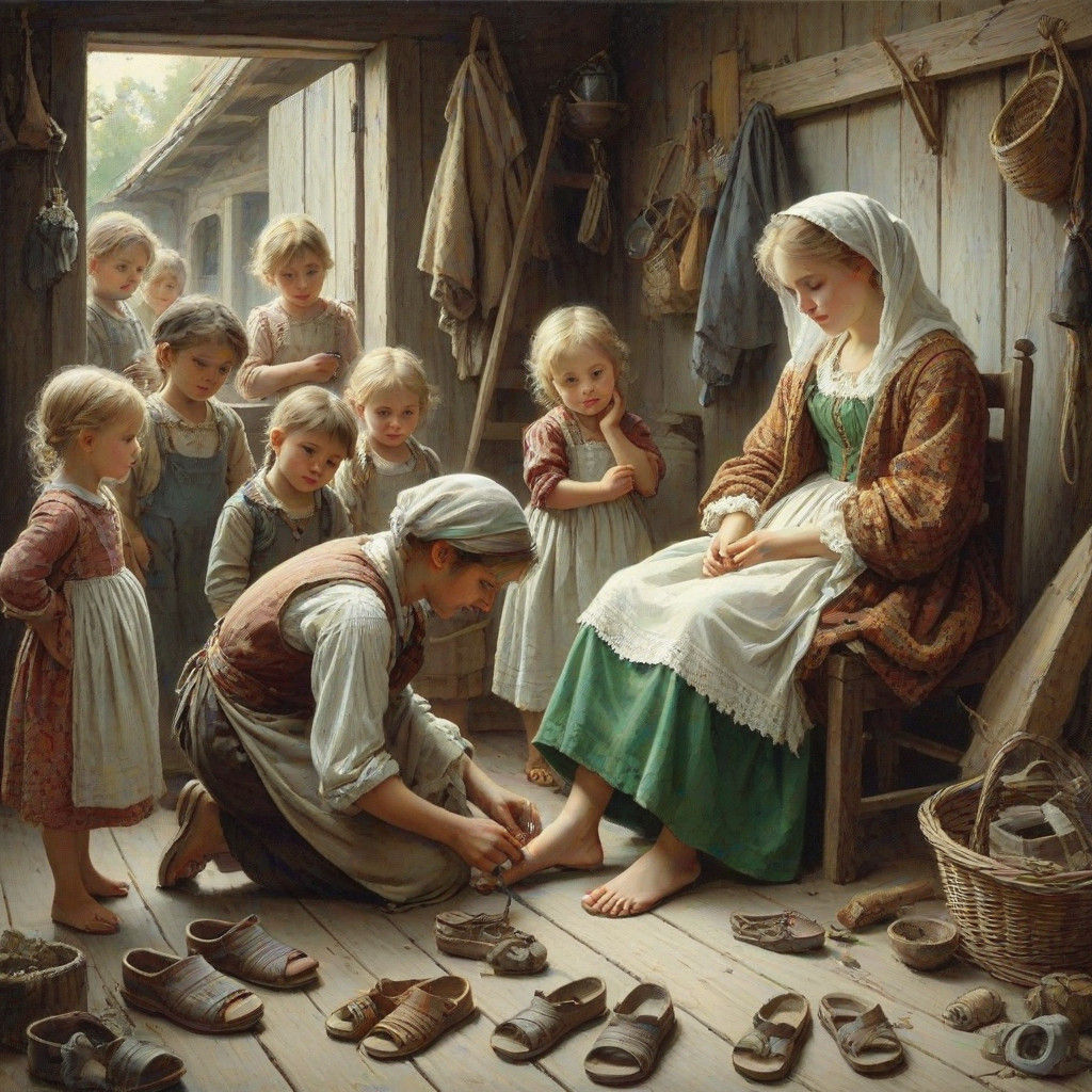 Poor Young Girl in 19th Century Interior Scene, Painted in R...