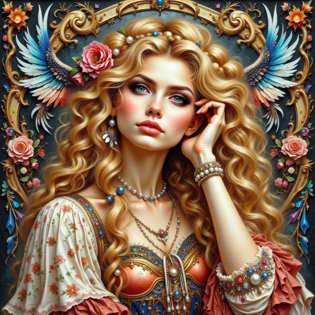 Elegant Blonde Woman with Pearl Jewelry in Art Nouveau Style