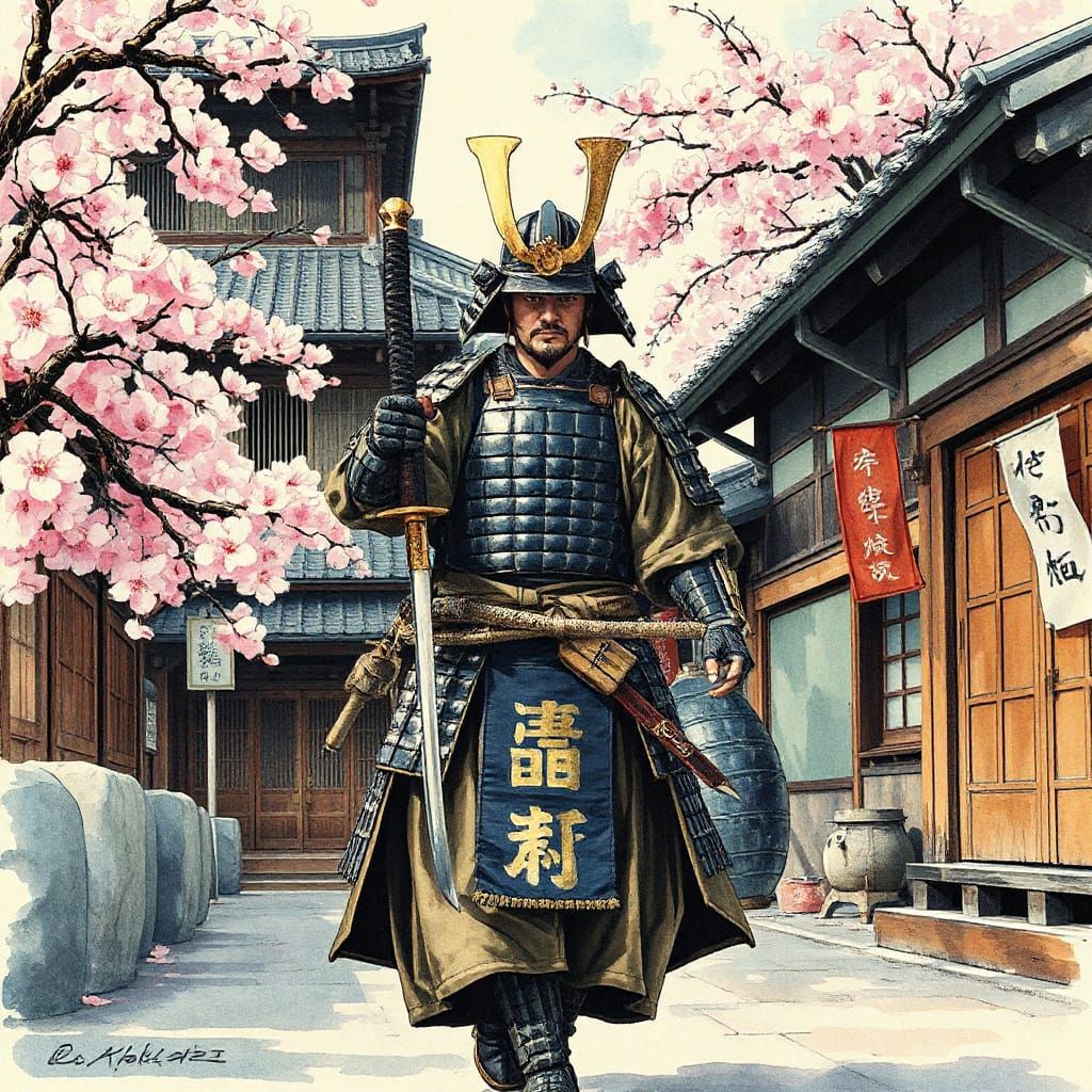 Samurai in Japanese Town: Watercolor and Ink Art